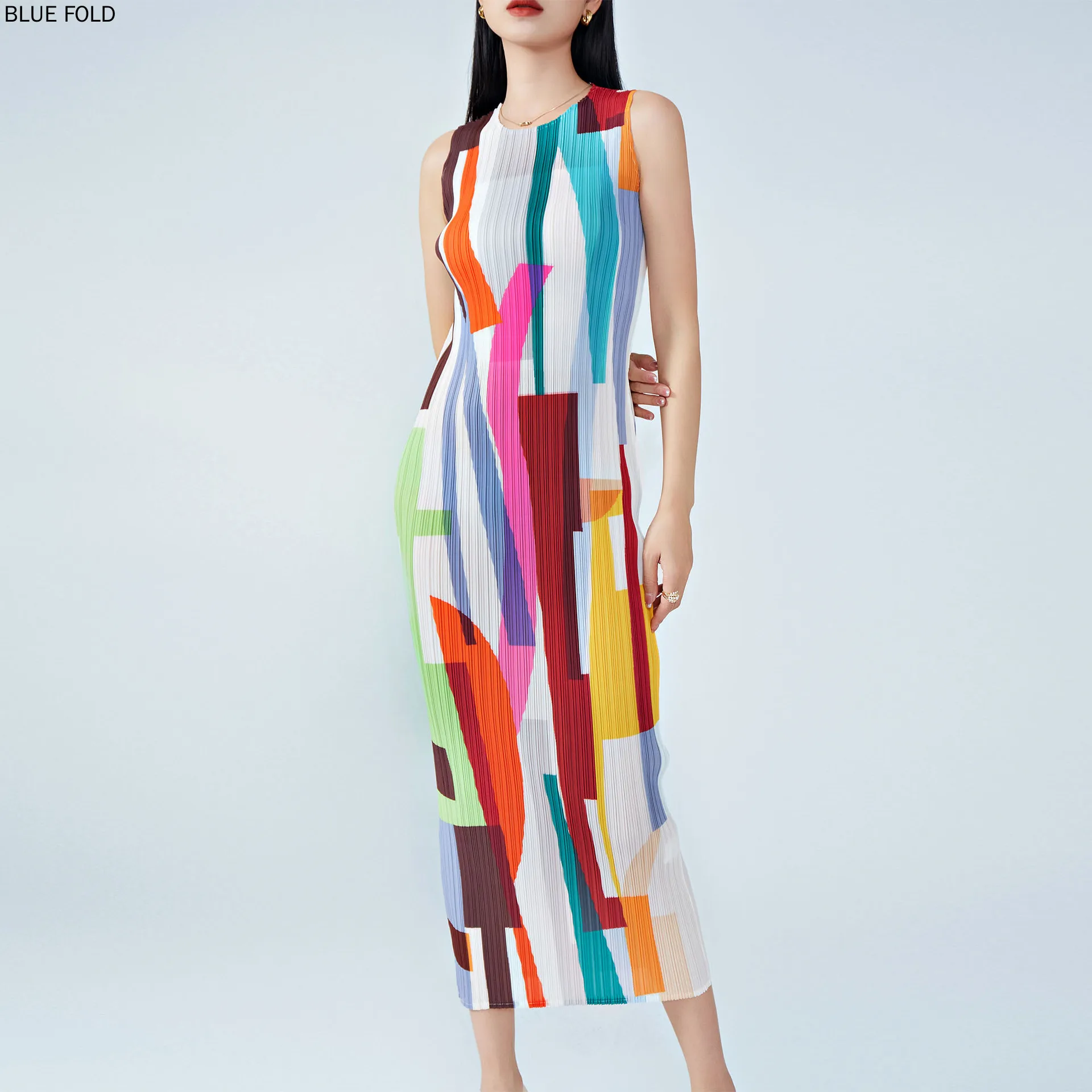 

Chic and Elegant Sleeveless Dresses, Geometric Maxi Gowns, MIYAKE PLEATS, Elegant Robe, High Quality, Summer