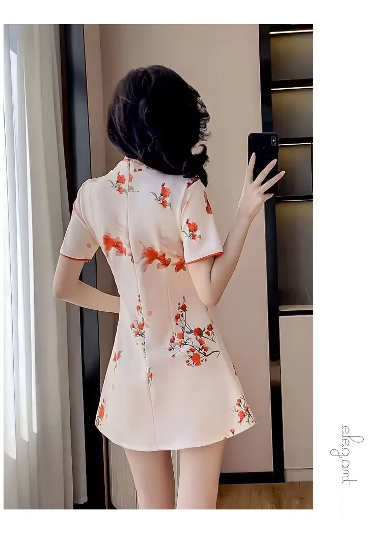 2025 Women Summer New Chinese Style Improved Qipao Dress and Shorts Red Flower Print Two Pieces Set Female