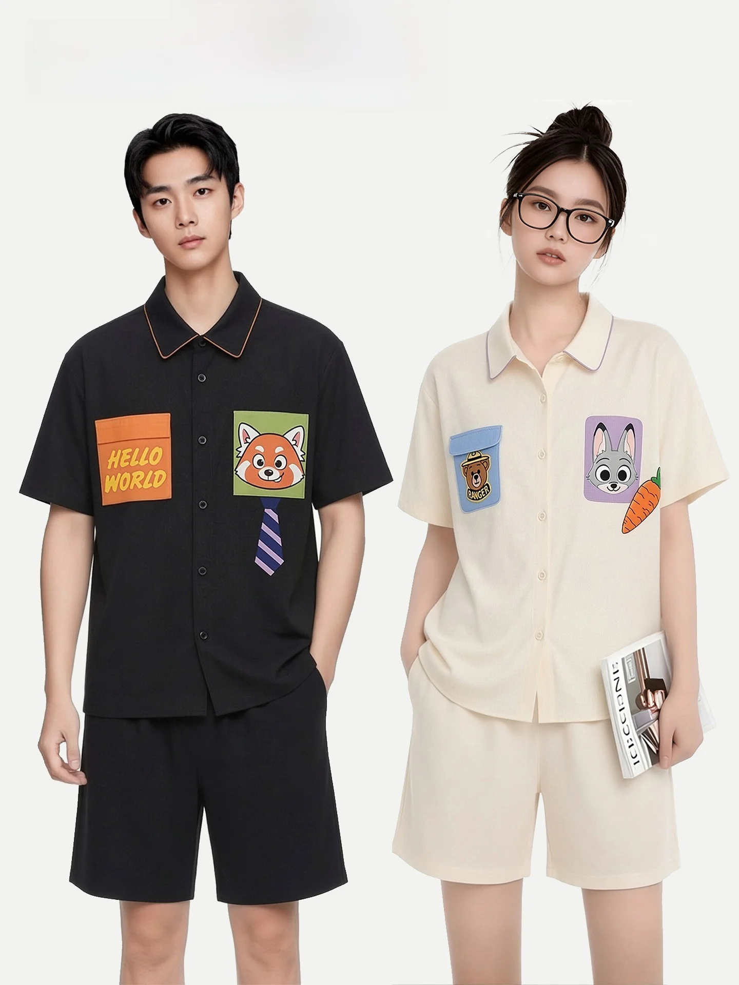 PinkBread  Rabbit Couple Pajamas Cute Pure Cotton Short Sleeve Women's Summer Cartoon Outdoors Home Clothes Soft Loose Fit