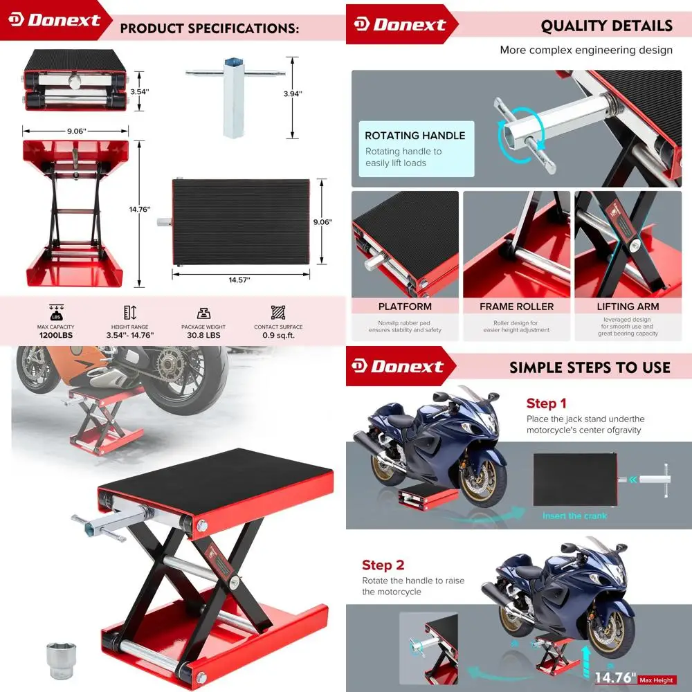 

Подставка-ножничный домкрат грузоподъемностью 1200 фунтов с широкой платформой для мотоциклов, велосипедов, квадроциклов - незаменимое средство для гаражного ремонта, красный цвет