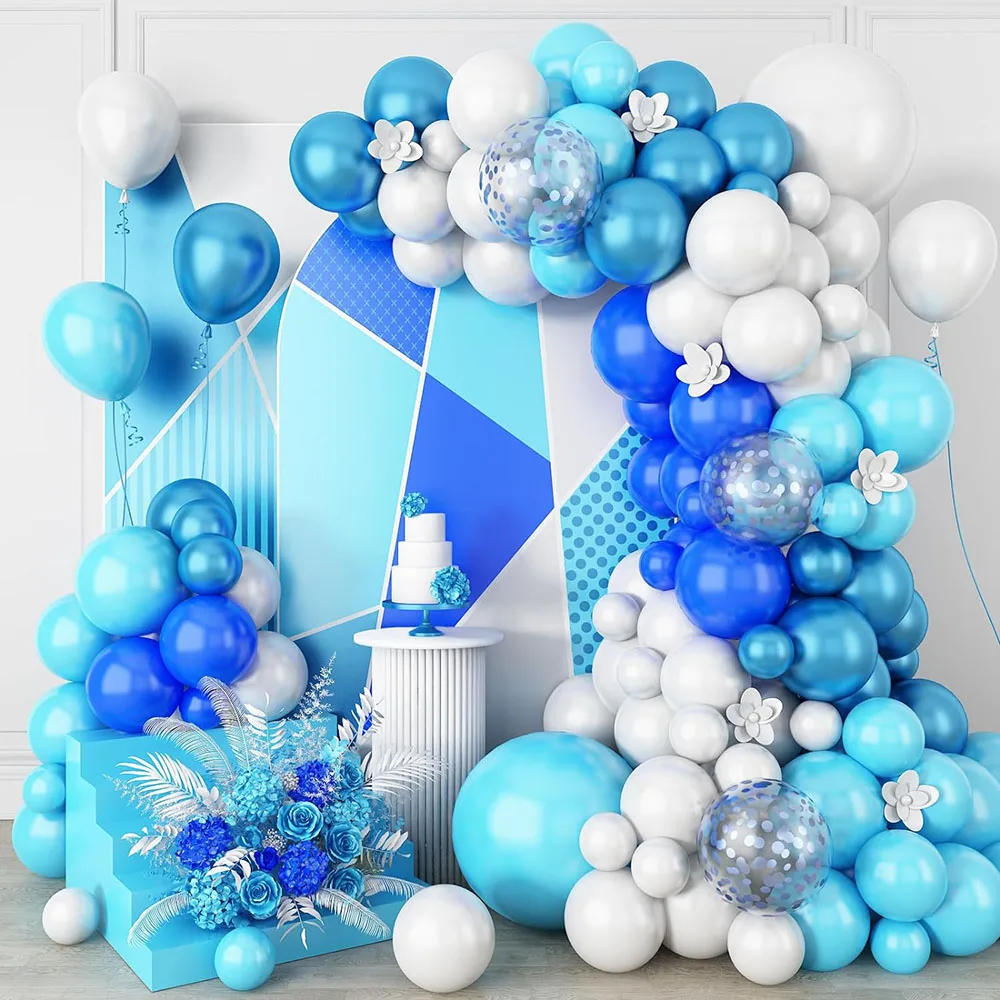 Blue Balloon Garland, 115 Pieces Dark Blue and Light Blue White Metal Confetti Blue Latex Balloon, 5 10 12 18inch Different Sizes Suitable for Graduation Party Wedding Birthday Shower Classroom Decoration