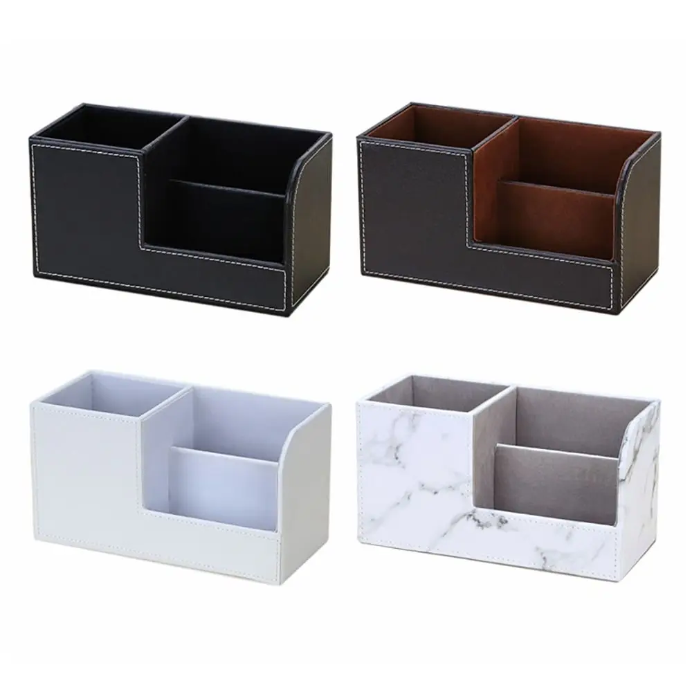 Fashion Leather Pen Holder Stationery Storage Desktop Organiser Makeup Brush Holder 3Grids Brush Pot