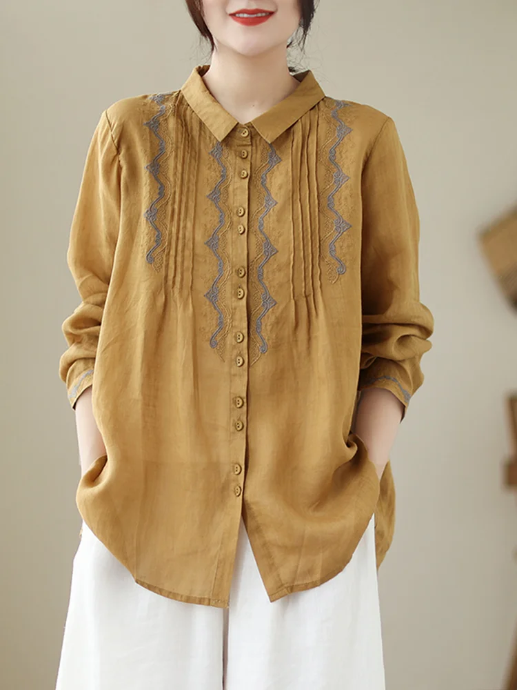 Ele المطرزة القطن الكتان irt طويلة Sve عارضة الياقة فضفاضة تناسب السيدات تخفيف Sle الصيف Faion الأعلى #3