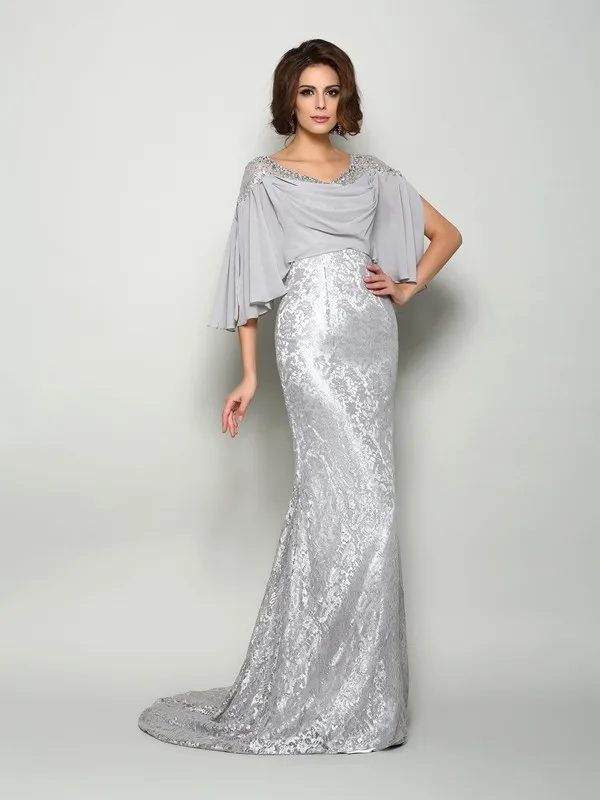 Silver Mother Of The Bride Dresses Mermaid V-neck Chiffon Lace Beaded Plus Size Long Groom Mother Dresses For Wedding