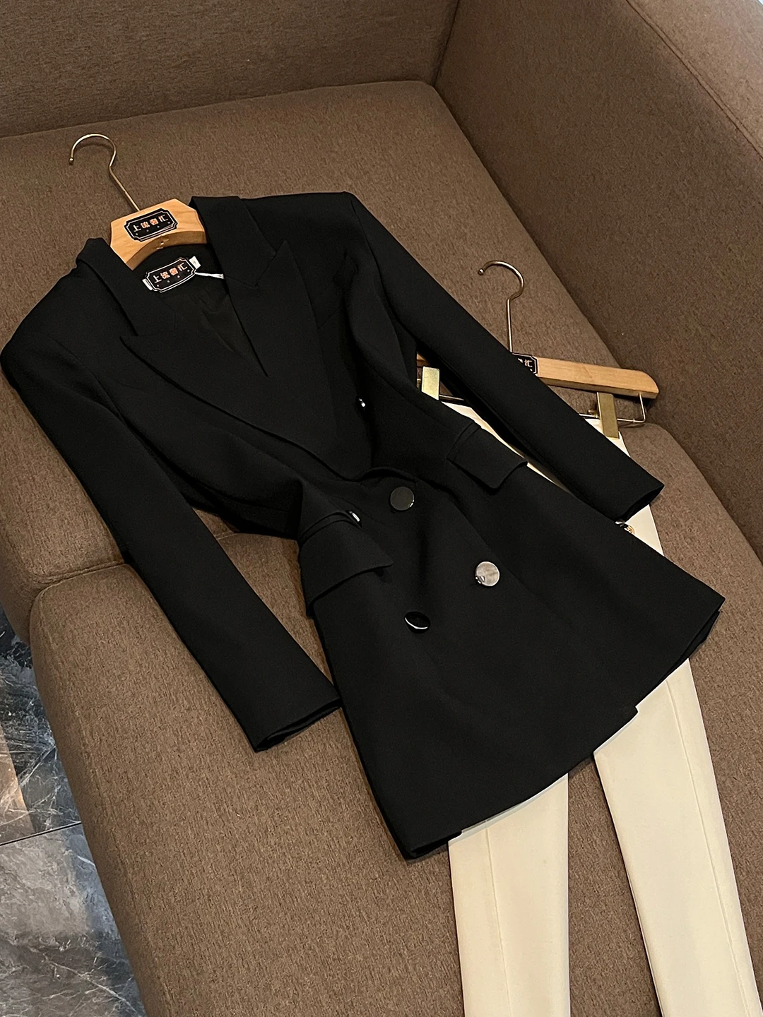 

Casual Loose Double-Breasted Suit Jaet Briti Sle Workwear Versatile Chain Detailing Long Sve Striped Pattern X738