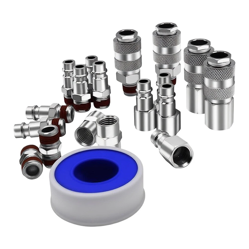 19 pcs Air Compressor Quick Connect Kit Zinc Plated Iron Pneumatic Couplers 1/4 Inch Thread for European C A Type Systems