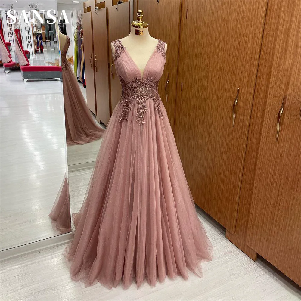 Sansa Rose Pink فساتين سهرة Handmade Exquisite Lace Embroidery Vestidos De Fiesta Sleeveless V-neck Tulle Vestidos De Noche