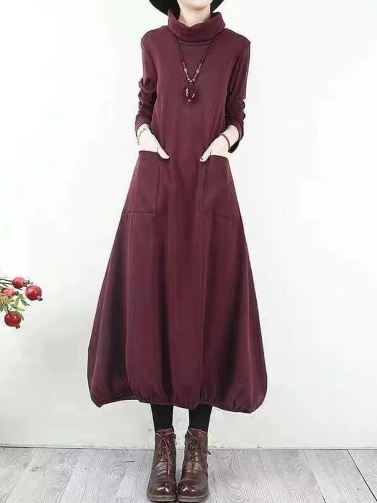 

Loose Long Sleeve Midi Dress for Middle-Aged And Elderly Women Artistic Retro Half High Collar plus Size Slimming Casual Dress