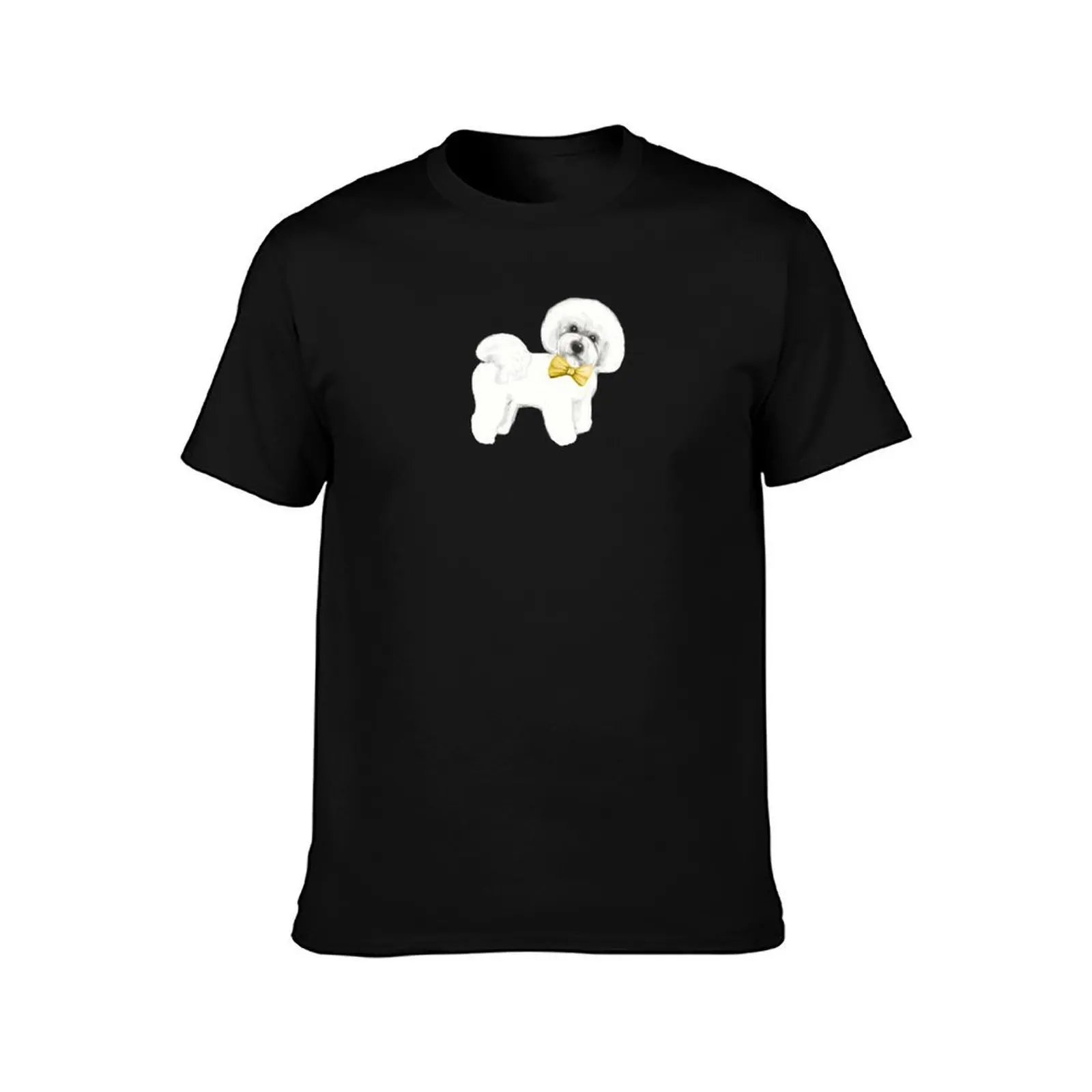Bichon Frise dog with bow on mustard yellow T-Shirt Fashion Print Casual Short Sleeve T-Shirt