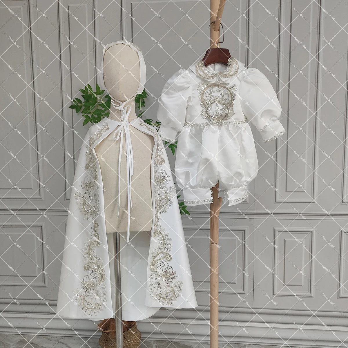 3 Pieces Set Baby Baptism Outfit with Cape And Hat Embroidered Beading Real Photos Customized Toddler Christening Jumpsuit