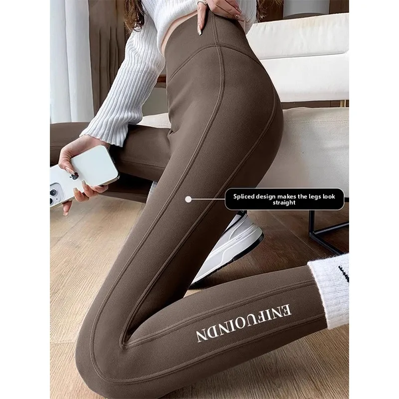 Pantaloni da yoga dimagranti foderati in Fce a vita alta marrone Ce Pantaloni da sollevamento del sedere con controllo della pancia autunno inverno da donna