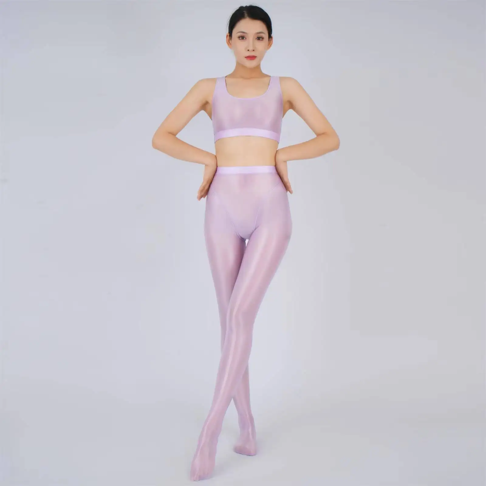 

Glossy See Through Thin Women Tank Top TightsSports Fitness Overall 2 Pieces Sets Jumpsuit