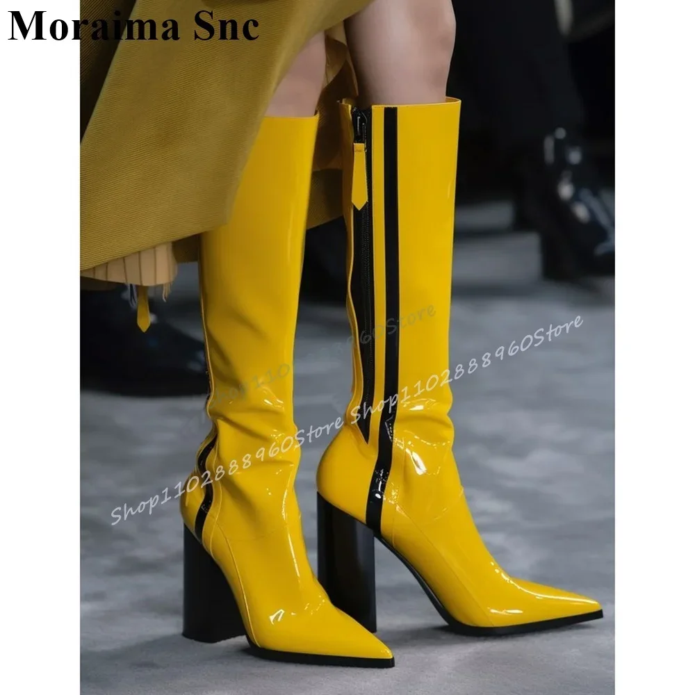 

Knee High Yellow Patent Leather Knight Boots Chunky High Heel Shoes For Women Side Zipper Pointed Toe 2025 Zapatos Para Mujere