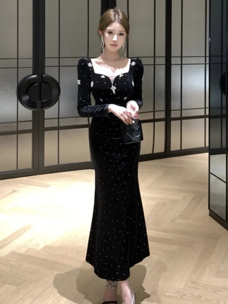 

Elegant Black Velvet Womens Dresses Lantern Sleeve Evening Party Midi Mermaid Dress Elegant Gowns Autumn Female Split Vestidos