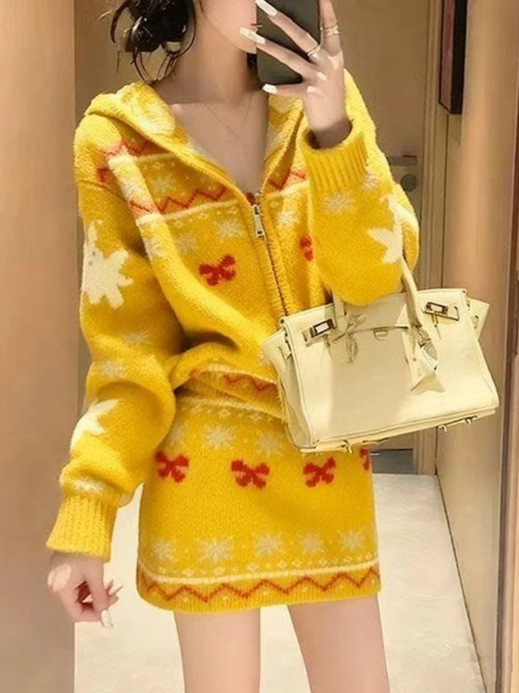 فرنسا نمط خمر منقوشة مقنعين مجموعات المرأة موضة سترة متماسكة + الحلو ألف خط تنورة دعوى عادية قطعتين مجموعة شتاء جديد #3