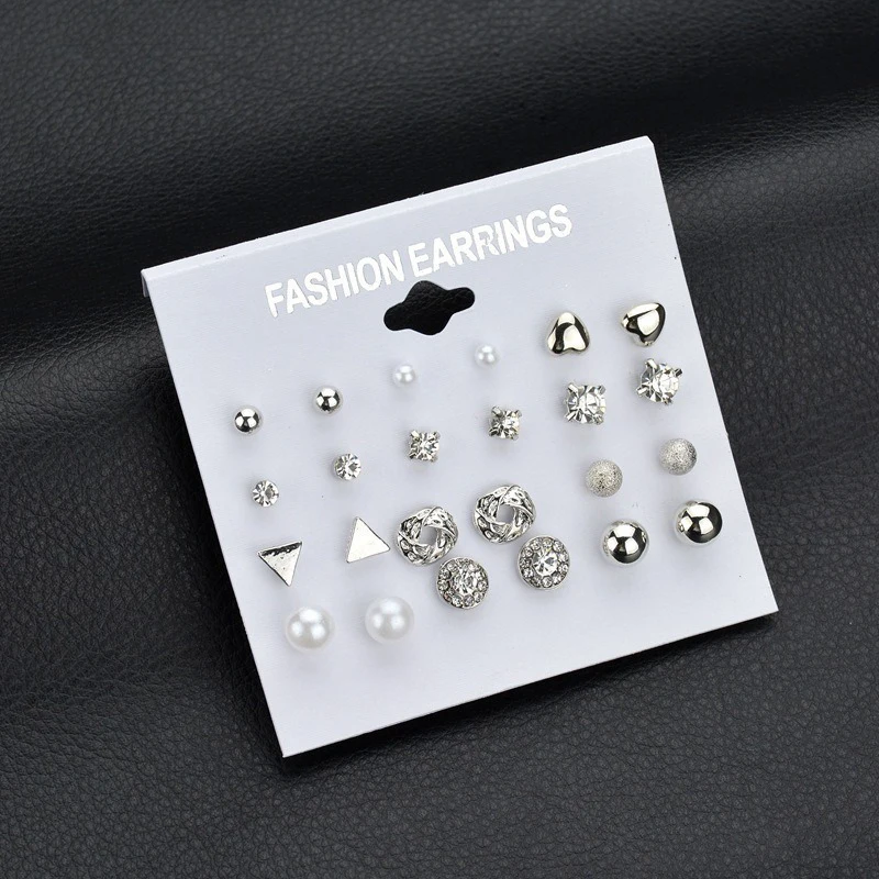 12Pairs/set Simple Design Stud Earrings Of Stud Earrings Pearl Zircon Card One Week Stud Earrings For Women