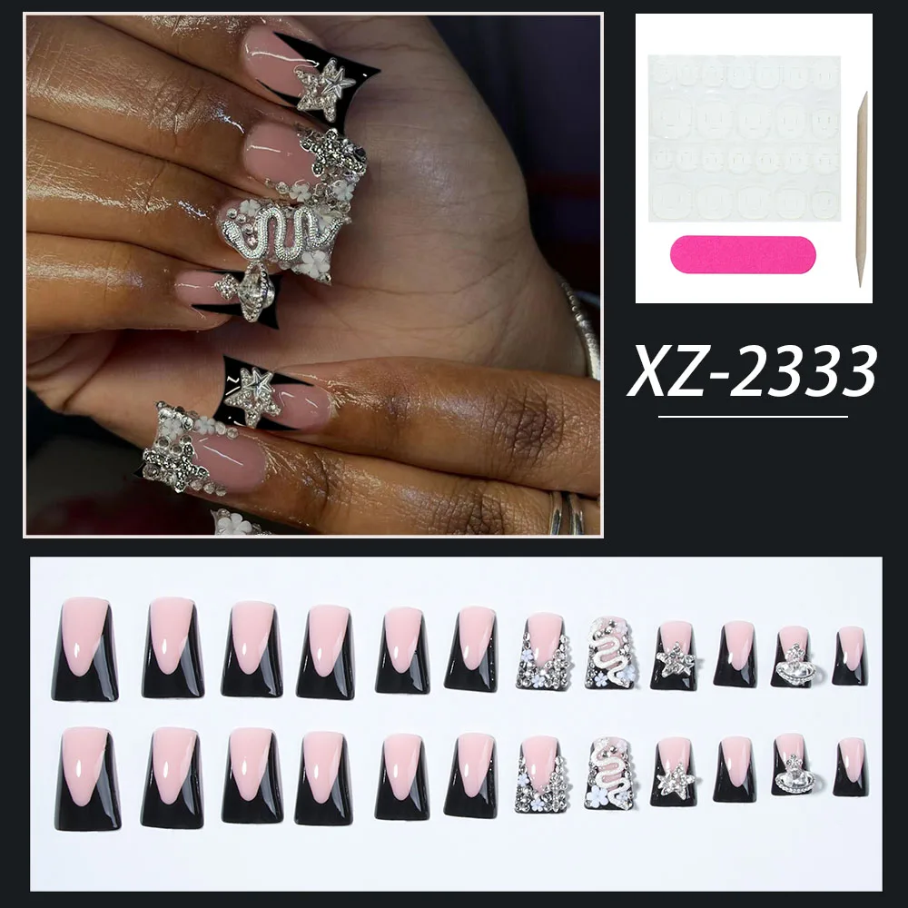 24 pièces Long canard noir pointe française presse sur ongles croix en alliage 3D, décoration en forme de serpent avec design en strass adapté parfaitement