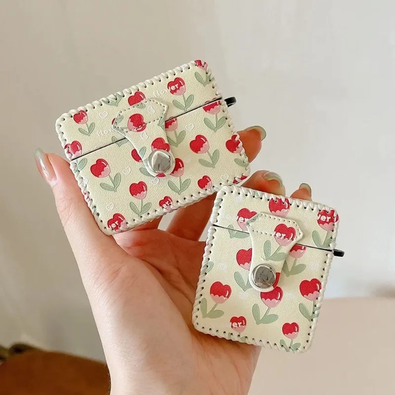 Étui carré en cuir Cortex Tulip Flower pour Apple, housse de protection pour écouteurs, AirPods Pro 2, 1, 2, 3, 2 en 1