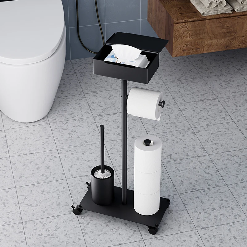 Bathroom floor standing toilet paper holder with storage box, toilet brush holder, multi roll paper storage holder with wheels