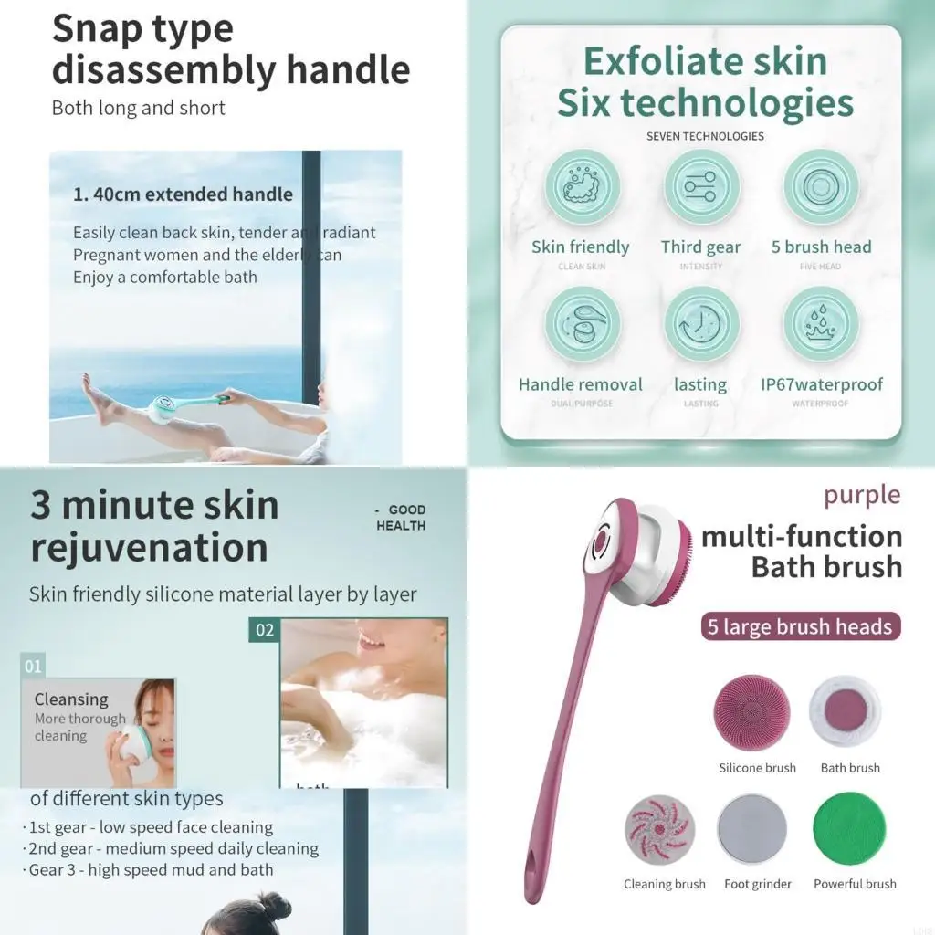   Snap-on Electric Bath Brush Five Different Brush Heads Electric Massage Bath Brush Bath Brush Long Handle Back Scrubbers