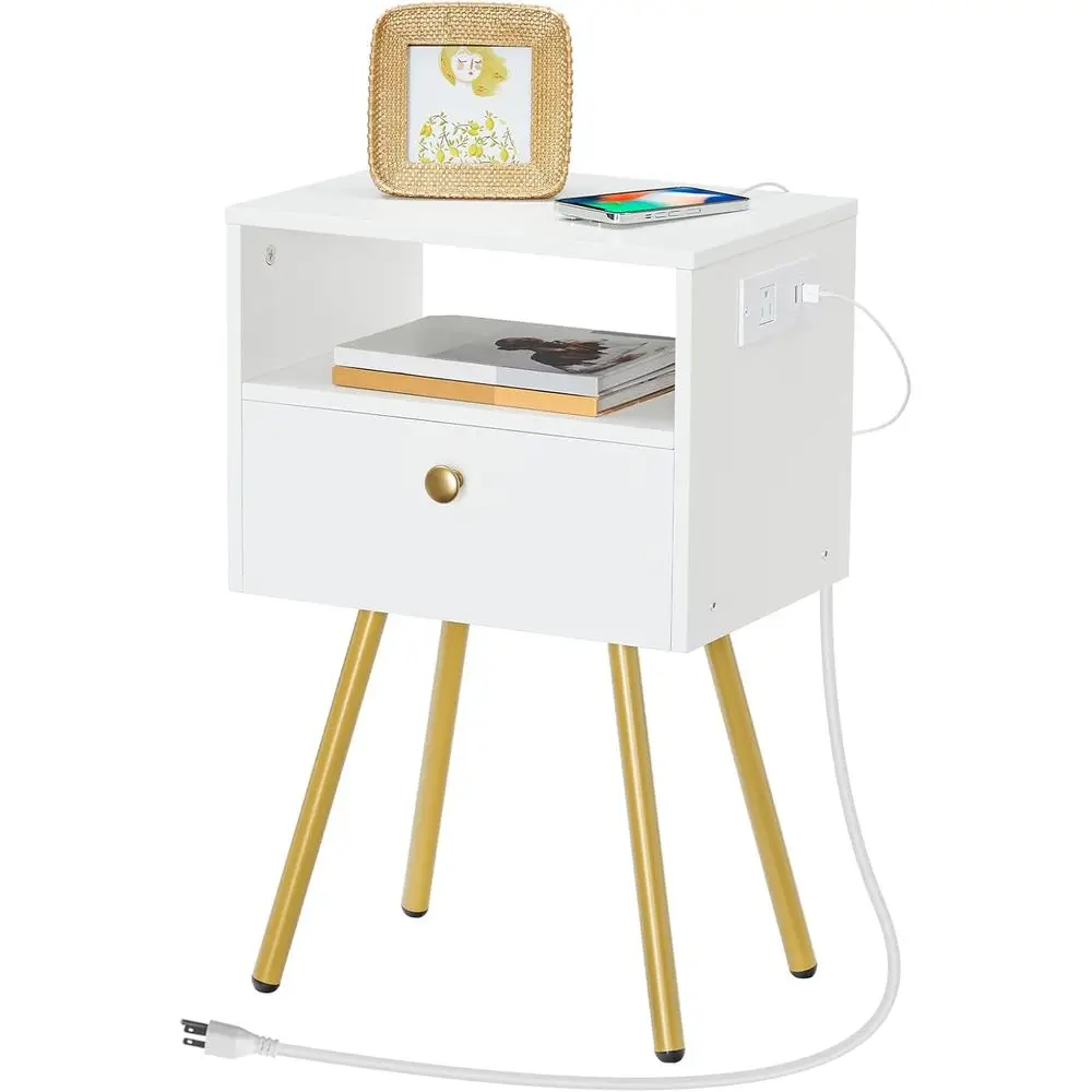 

Прикроватная тумбочка с USB-портами и розеткой, идеально подходит для небольших помещений, прочная и устойчивая, подходит для спальни или кабинета, белая.