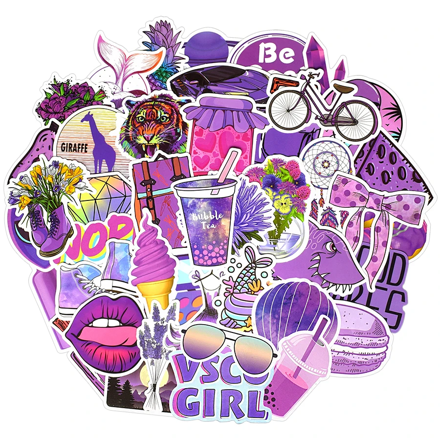 50 PCS VSCO Girl Stickers Purple Cartoon Kawaii Vinyl Decals Sticker Pack for Laptop Luggage Skateboard Bicycle Guitar Kids Toys