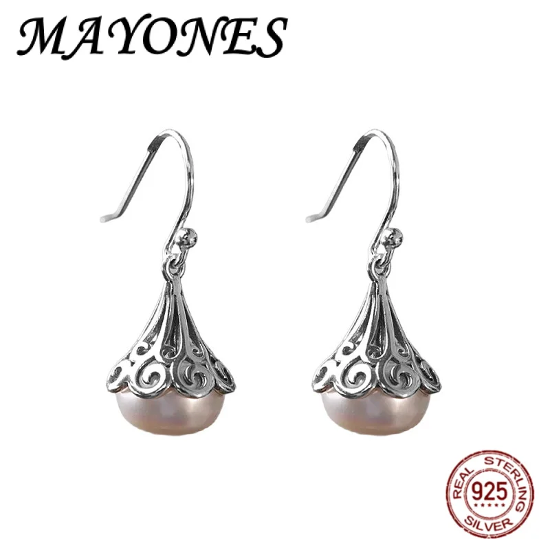 

NEW 925 Silver Inlaid With Natural Pearls Retro Hollow Hanging Earrings Women's Fashion Trend Indonesian Style