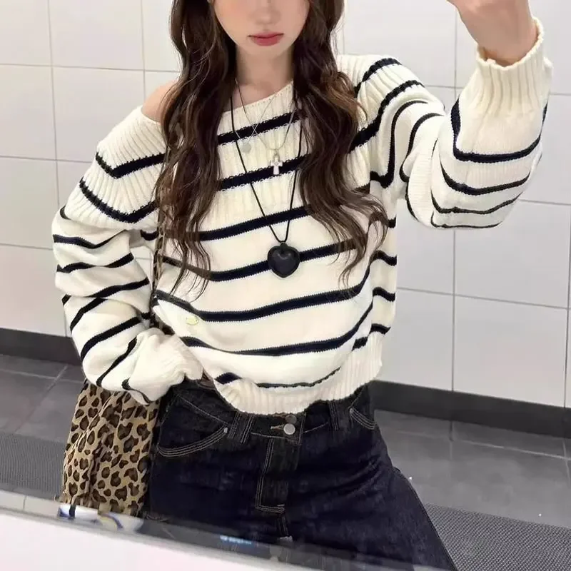 Slash Neck Off Shoulder Roupas Feminina Striped Knit Ropa Mujer 2026 Women's Sweaters Long Sleeve Woman Clothing Casual Sweater