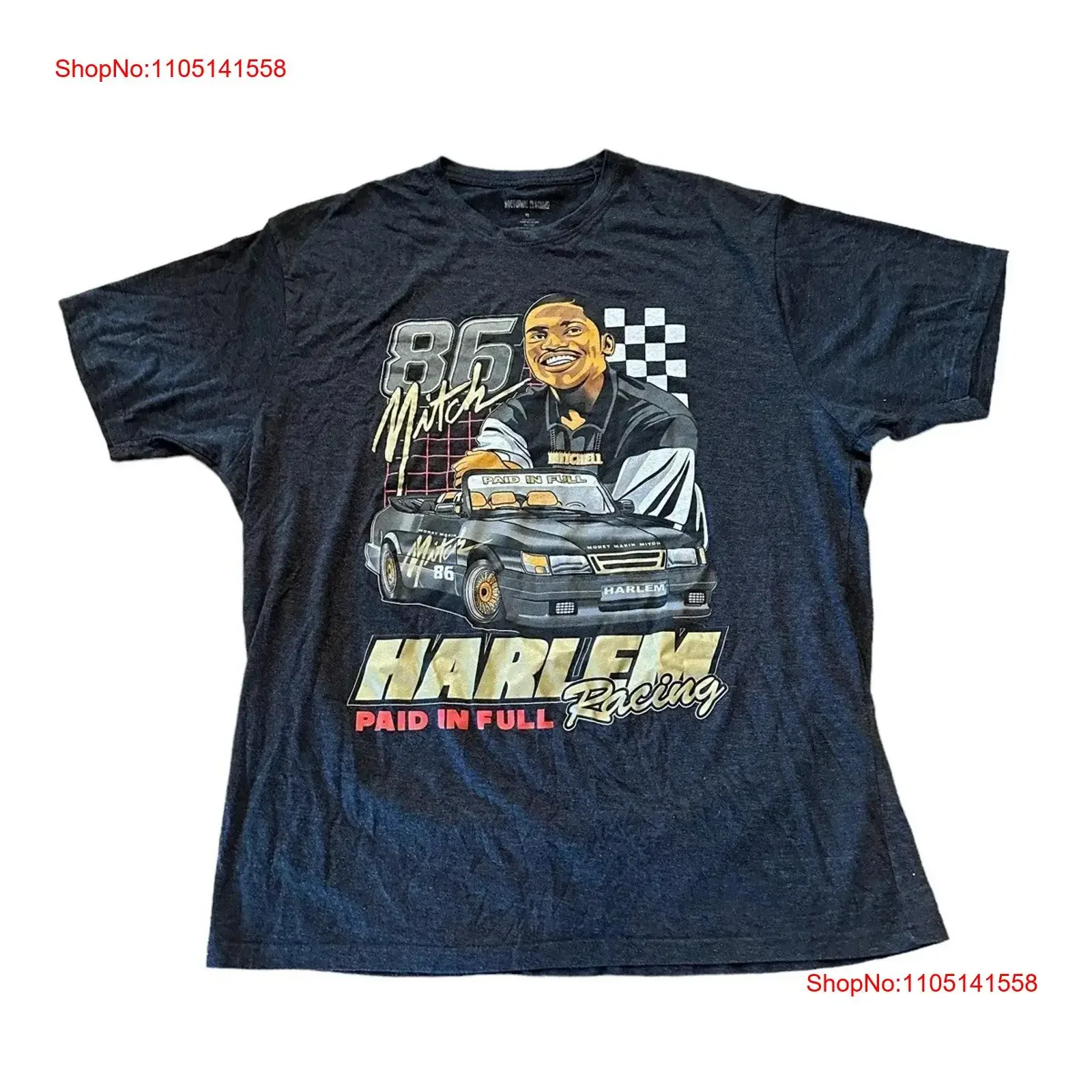 

HARLEM HUSTLER МУЖСКАЯ ФУТБОЛКА MITCH RACING MEGA PRINT PAID IN FULL RETRO RAP XL винтажная стираная модная повседневная слегка унисекс