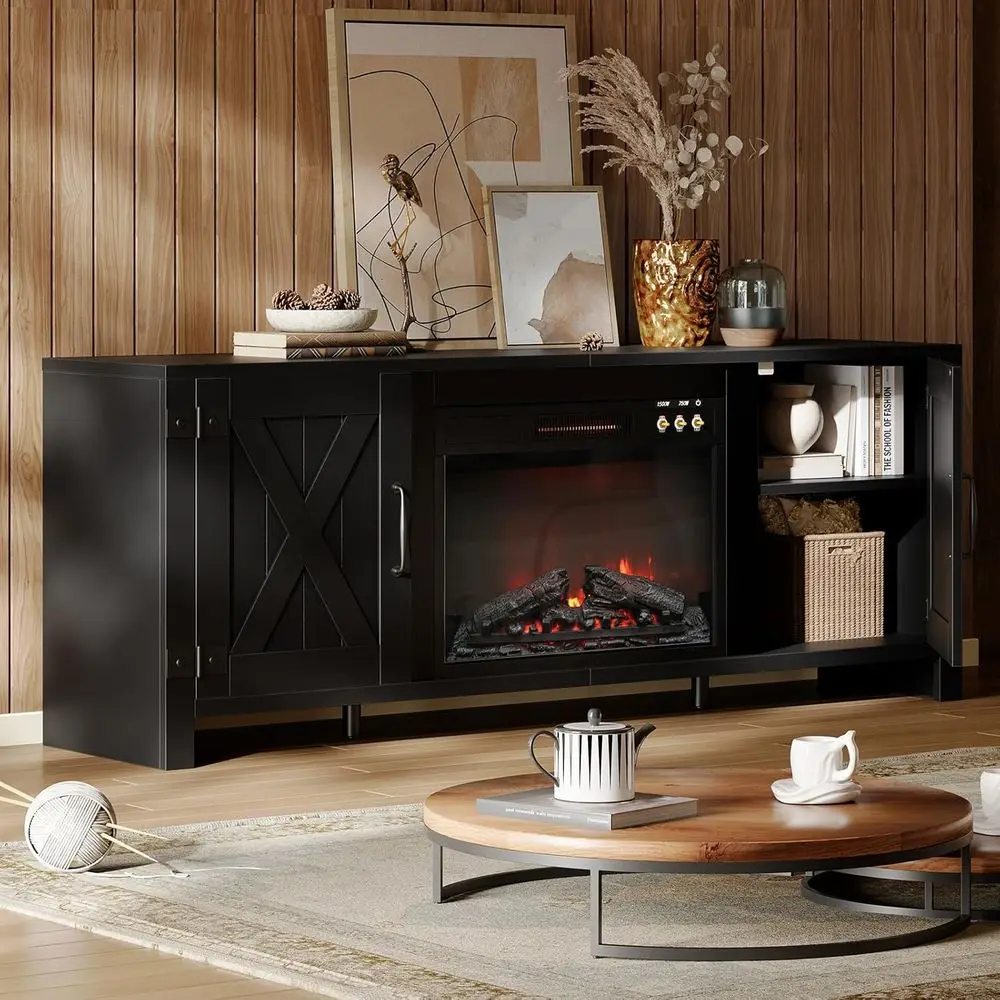 Farmhouse Style 70 TV Stand with Electric Fireplace, Storage, and Shelves for Living Room in Black