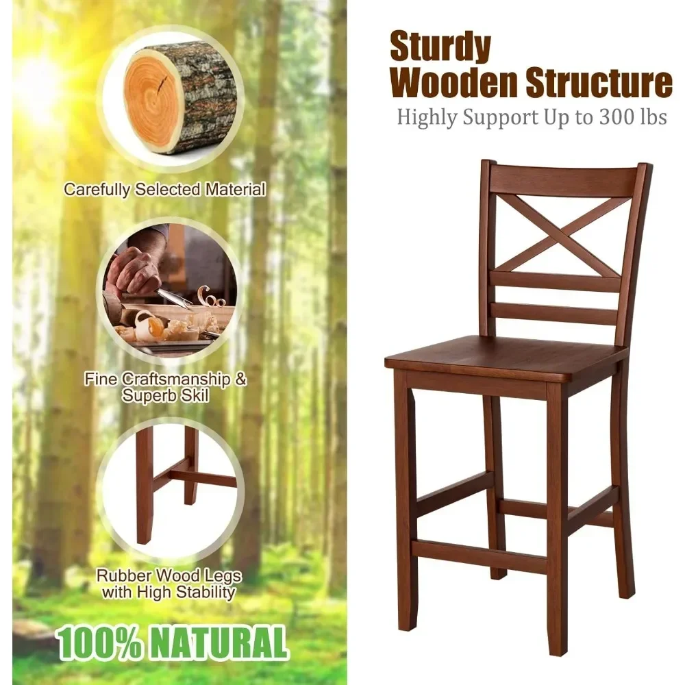 Bar Stools, 25'' Antique Kitchen Counter Height Chairs with Wooden X-shaped Backrest & Rubber Wood Legs