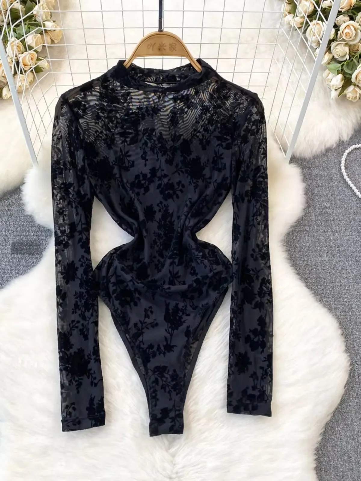 ssTss Spring Autumn Fashion Black Floral See Through Mesh Bodysuits Women Sexy O Neck Long Sleeve Slim Club Party Body Tops