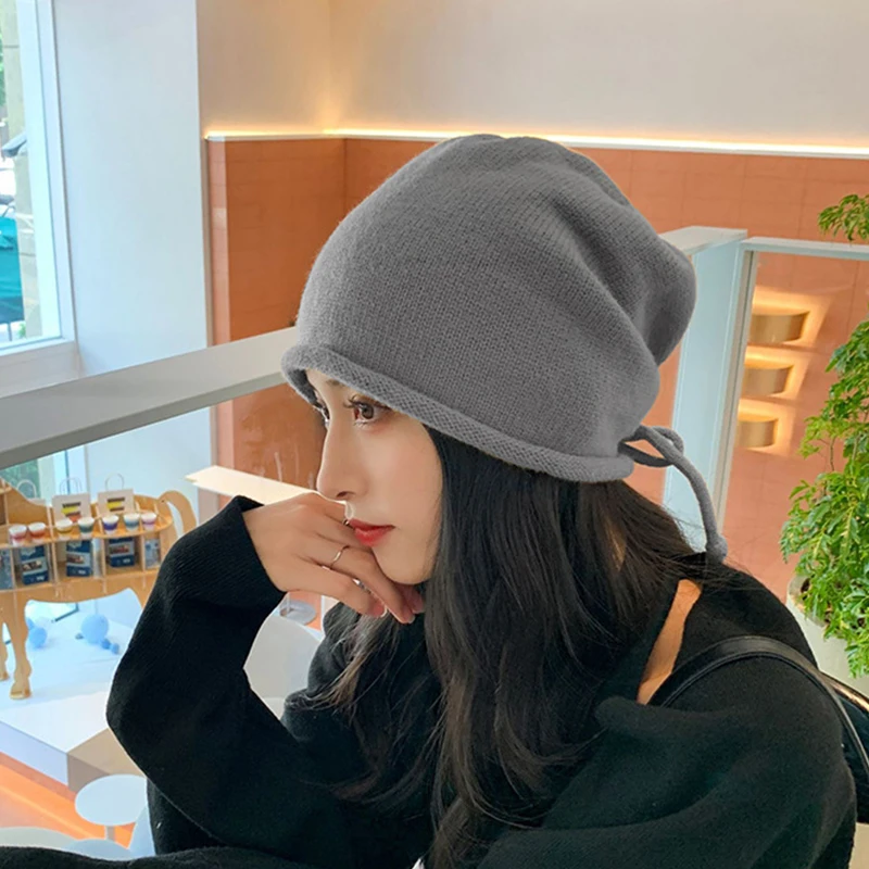 Autumn And Winter Pile Hat With Curled Brim And All-match Warm Cold Hat With Large Head Knitted Drawstring Hat For Women