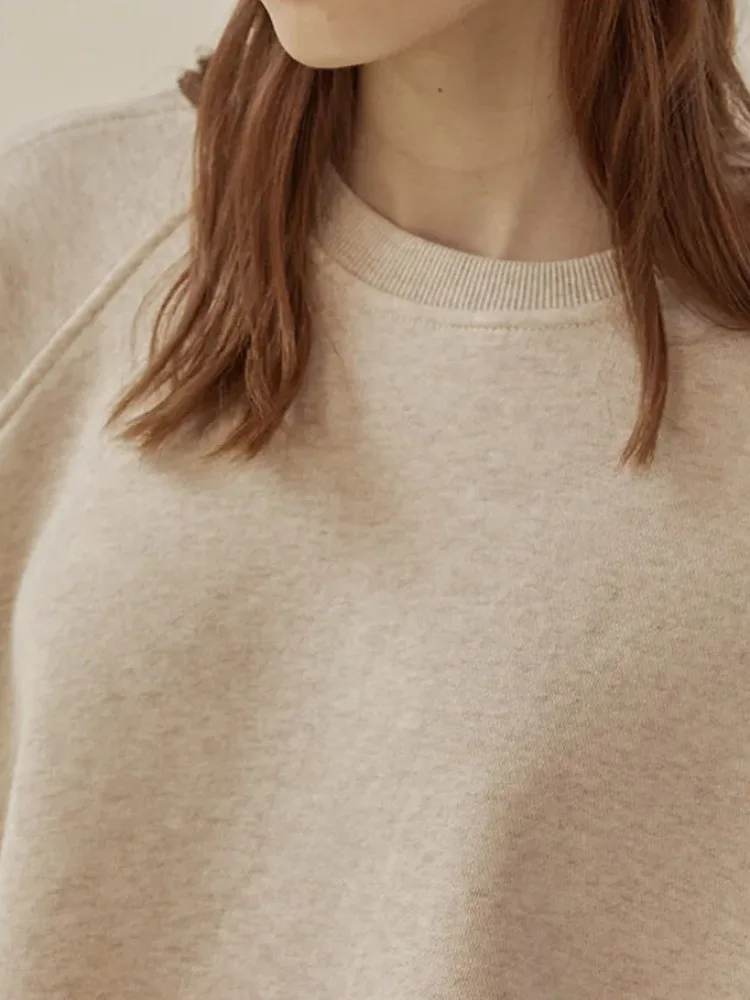Women\'s Autumn Winter 100% Cotton Sweatshirt Loose Short Lantern Sleeve Spliced Pure Cotton French Casual Pullover Tops