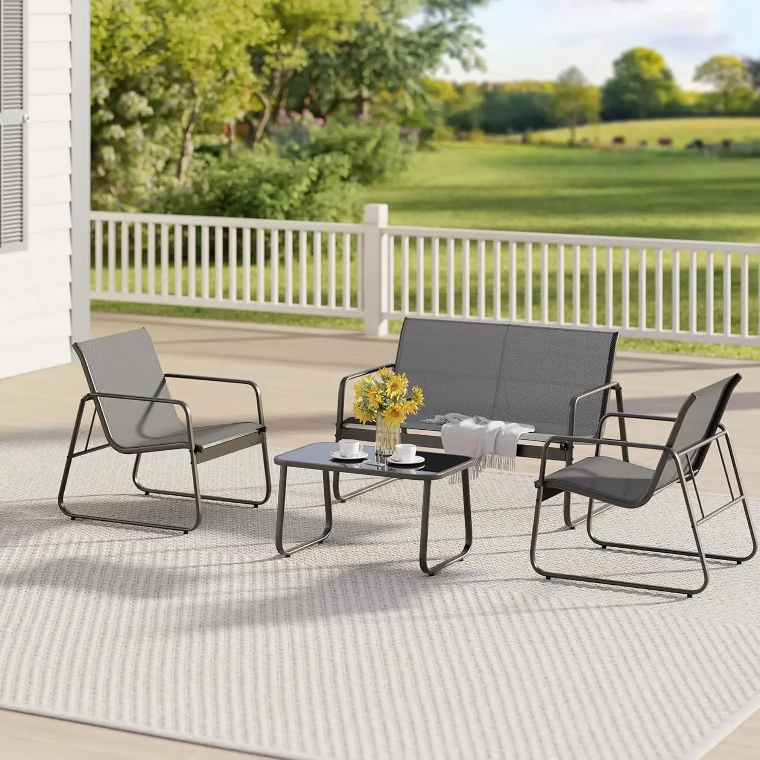 

4 Piece Patio Furniture Set, Outdoor Conversation Set, with Glass Coffee Table, Loveseat, 2 Single Chairs, All Weather Textile
