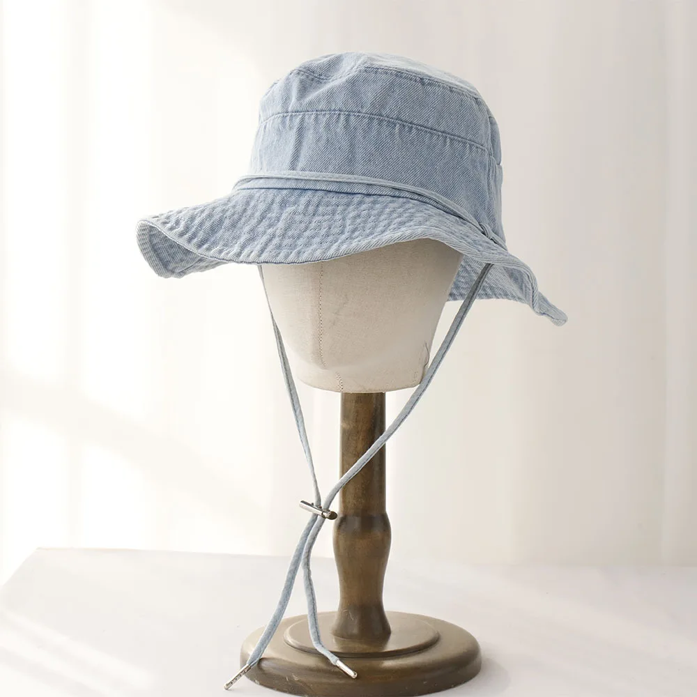 

Bucket Hat Denim Women Summer Sun Protection Big Brim Strap Cowboy Cap Beach Accessory For Fishing Hike Climb Travel Outdoor