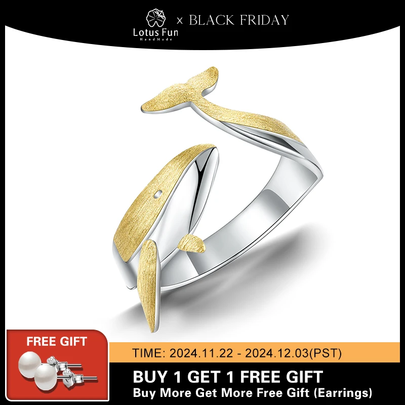 Lotus Fun 18K Gold Personality Whale Dating Adjustable Rings for Women Original 925 Sterling Silver Luxury Quality Fine Jewelry