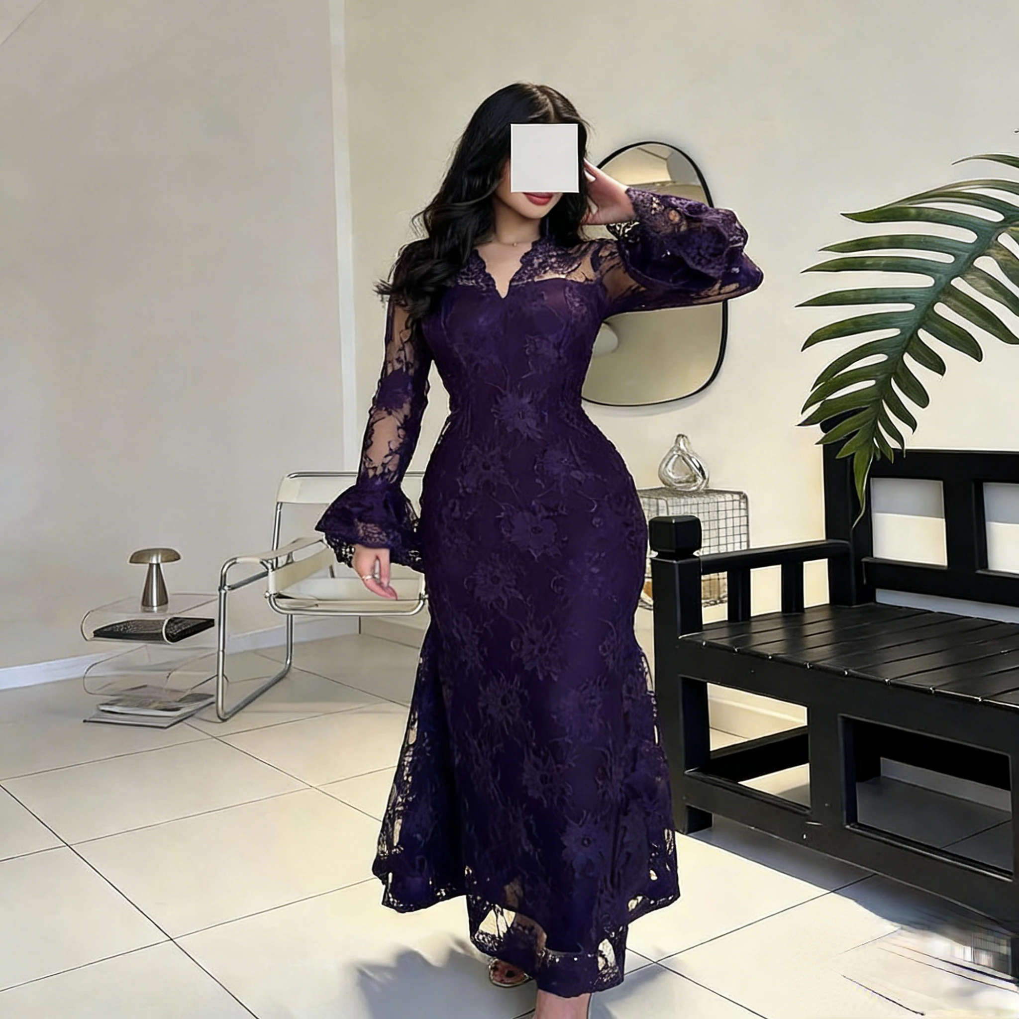 

Элегантные фиолетовые вечерние платья для женщин с V-образным вырезом, полностью кружевные, с длинными рукавами, в стиле русалка, для выпускного вечера, винтажные, на заказ, для особых случаев