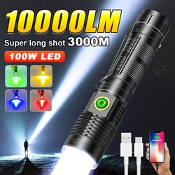 10000LM Rechargeable Flashlight 100W Ultra Powerful Flashlight Tactical Long Range Torch Self Defense High Power Led Flashlights