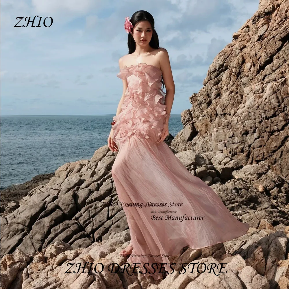 

ZHIO Elegant Pink Tulle Illusion Evening Gown Strapless Ruched Long Party Dress Sleeveless Sweep Train Prom Gown Customized