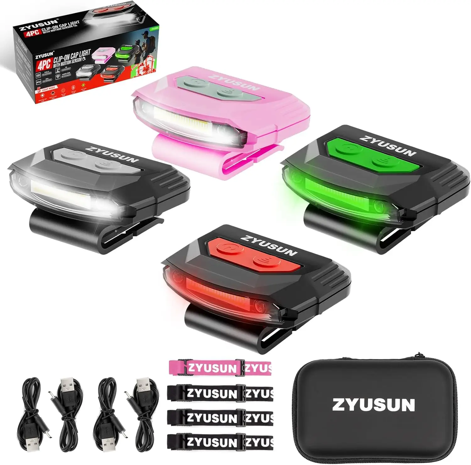 

4-Pack Rechargeable Headlamp, Clip-On Hat Light with Motion Sensor, IPX4 Waterproof, Lightweight LED for Hunting, Fishing, Campi