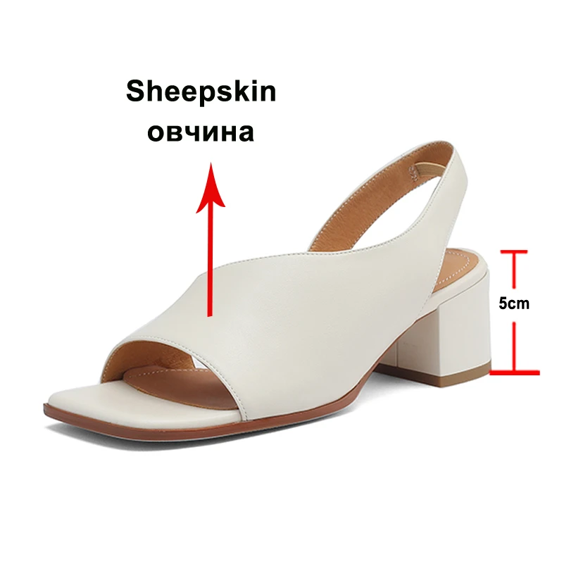 Meotina Women Genuine Leather Sandals Square Toe Block Mid Heels Sheepskin Ladies Fashion Casual Shoes Summer Silver Black Beige