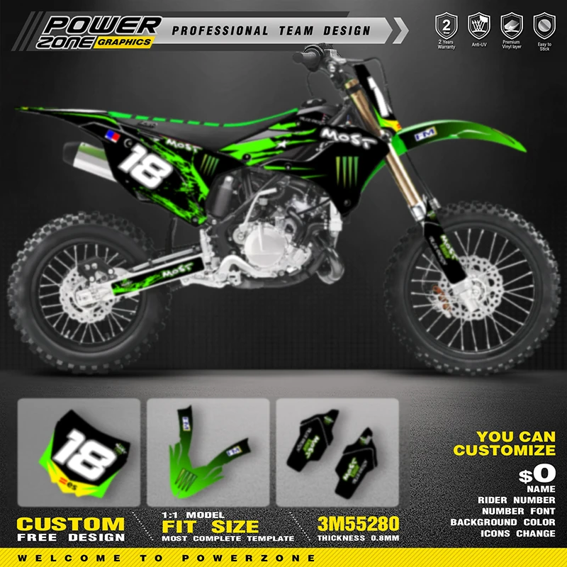 PowerZone Custom Team Graphics Backgrounds Decals Stickers Kit For KAWASAKI 2022 2023 2024 2025 KX85 112