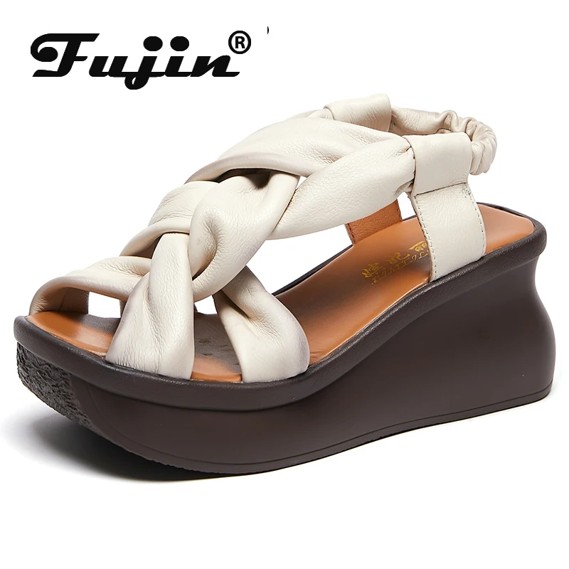 

Fujin 7cm Fashion Natural Platform Flats Chunky Sneakers Elastic Shoes Women Sandals Weave Cow Genuine Leather Hollow Moccasins