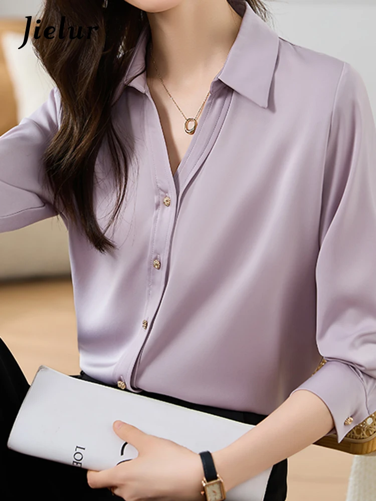 Jielur Autumn New Solid Color Slim Long-Sleeved Women Shirt Casual Loose Ladies Shirt Woman Purple White Brown Sweet Chiffon Top