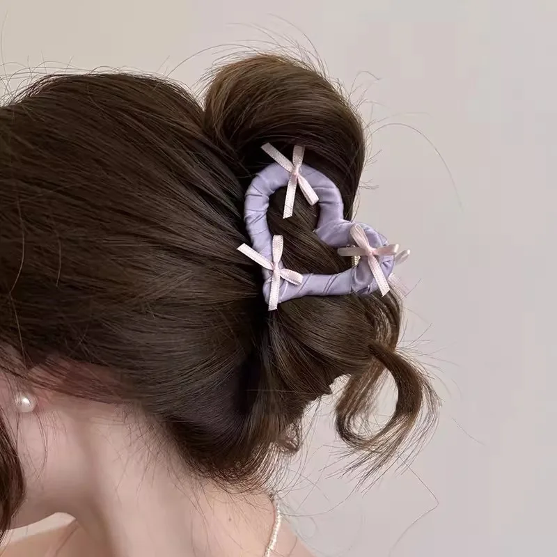

Fashion Metal Hollow Out Colorful Heart Hair Claw Ribbon Bow Women Girls Elegant Womens Hair Hairpins Claw Clip Hair Accessories