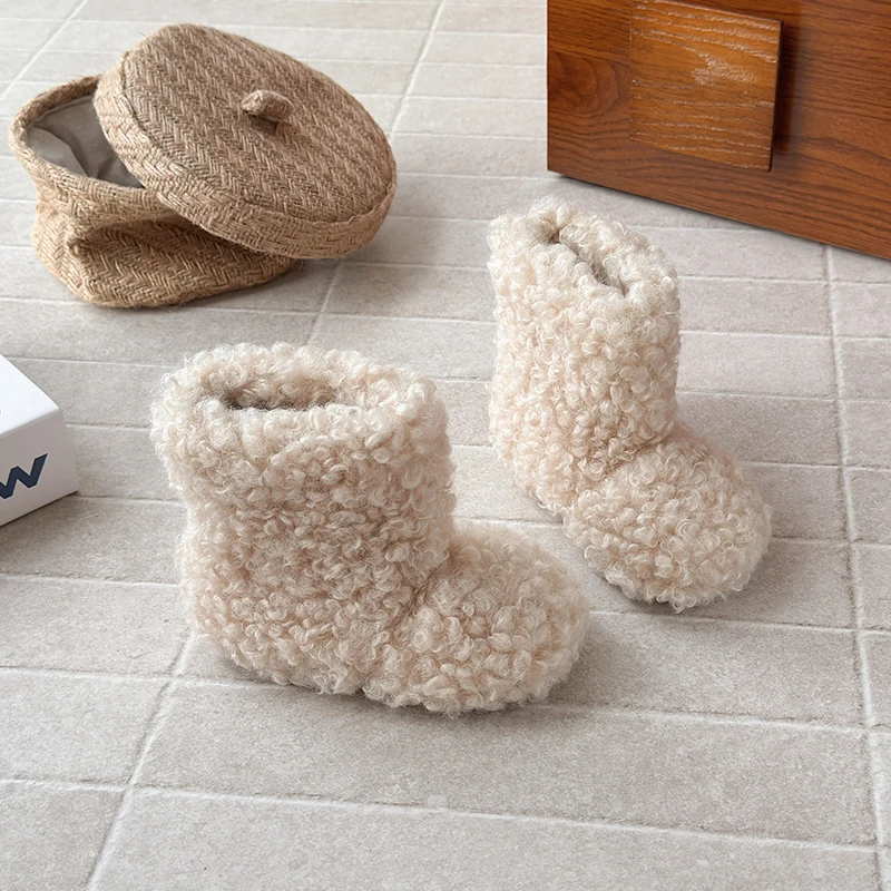الفاخرة سميكة تيدي الفراء الأحذية طفلة رقيق الدافئة أفخم الجوارب الشتاء العلامة التجارية حذاء طفل صغير مصمم جولة تو الأحذية القطنية