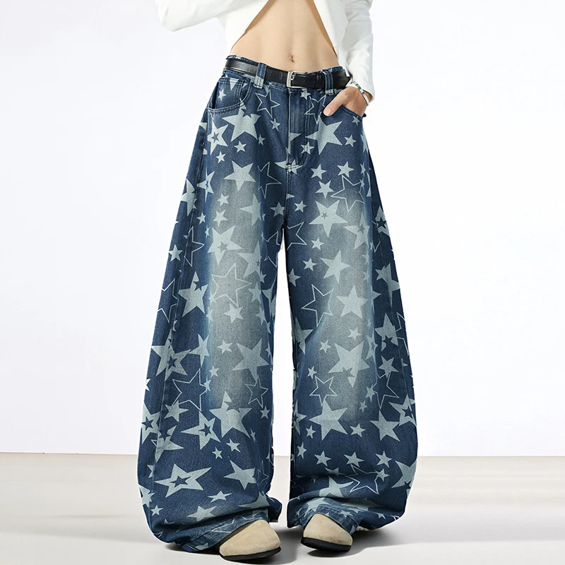 Niche Design Mens Denim Trousers Stars Printing Contrast Color Wide Leg Curved Knife Pants Vintage Male Spring Autumn Jeans Tide