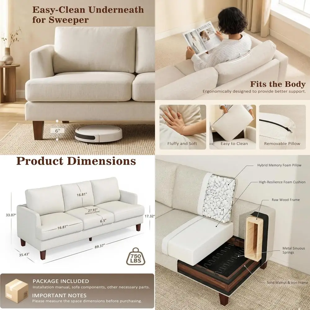 

89 Comfortable 3-Seater Couch with Deep Seats, Suitable for Living Room, Office, and Bedroom, Beige Upholstery