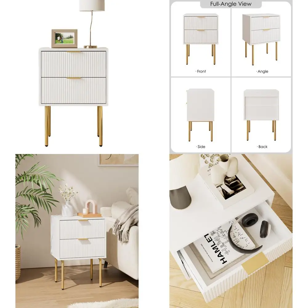 

Современная тумбочка в белую полоску с 2 ящиками, приставной столик с золотым акцентом для спальни и гостиной